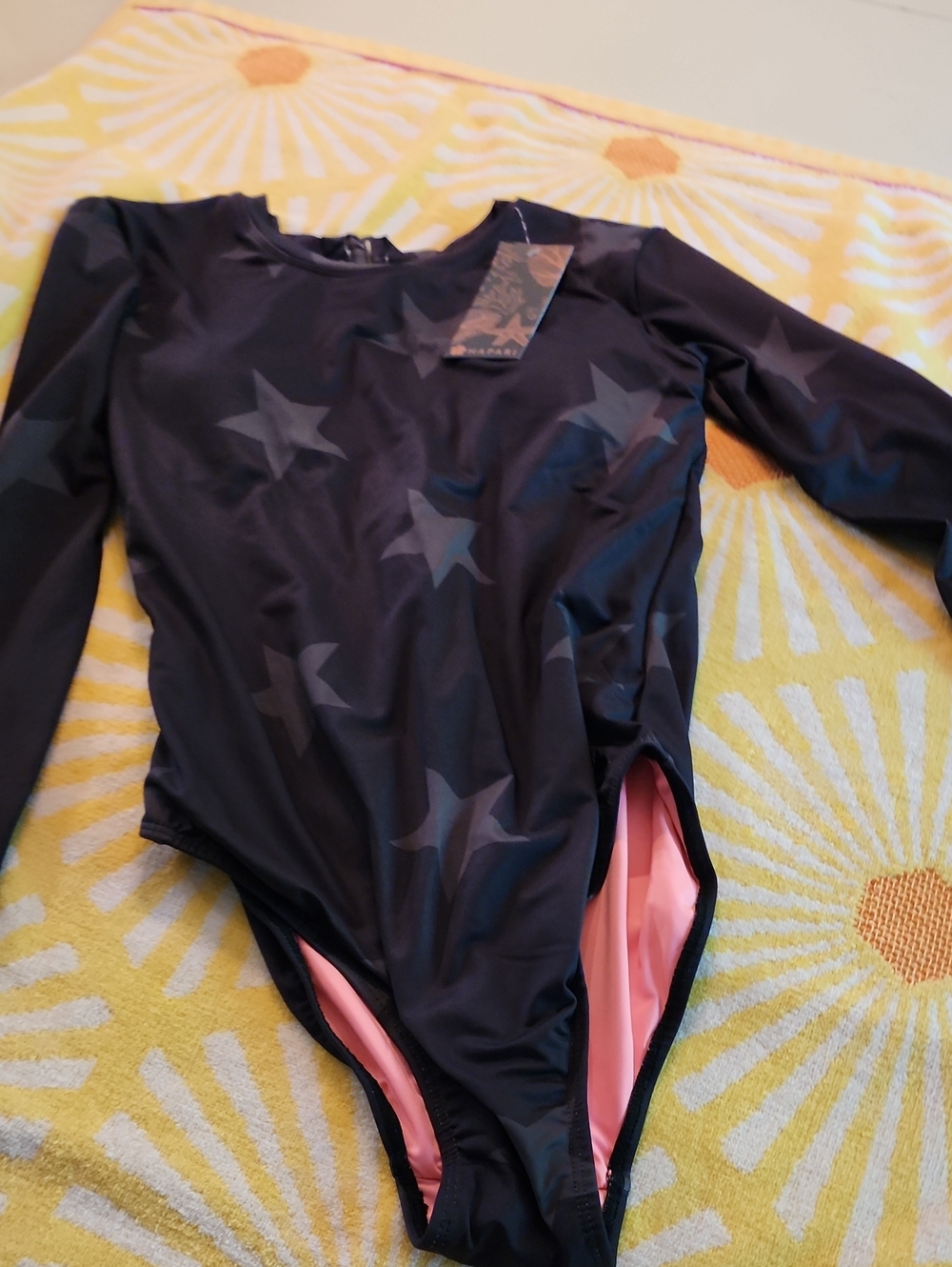 Hapari Black Star Long-Sleeve One-Piece Swimsuit with Pink Lining